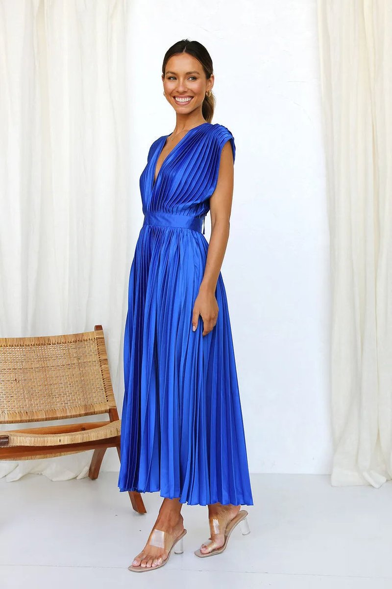 Women's Pleated Deep V-Neck Fall Midi Dress Flowy Satin