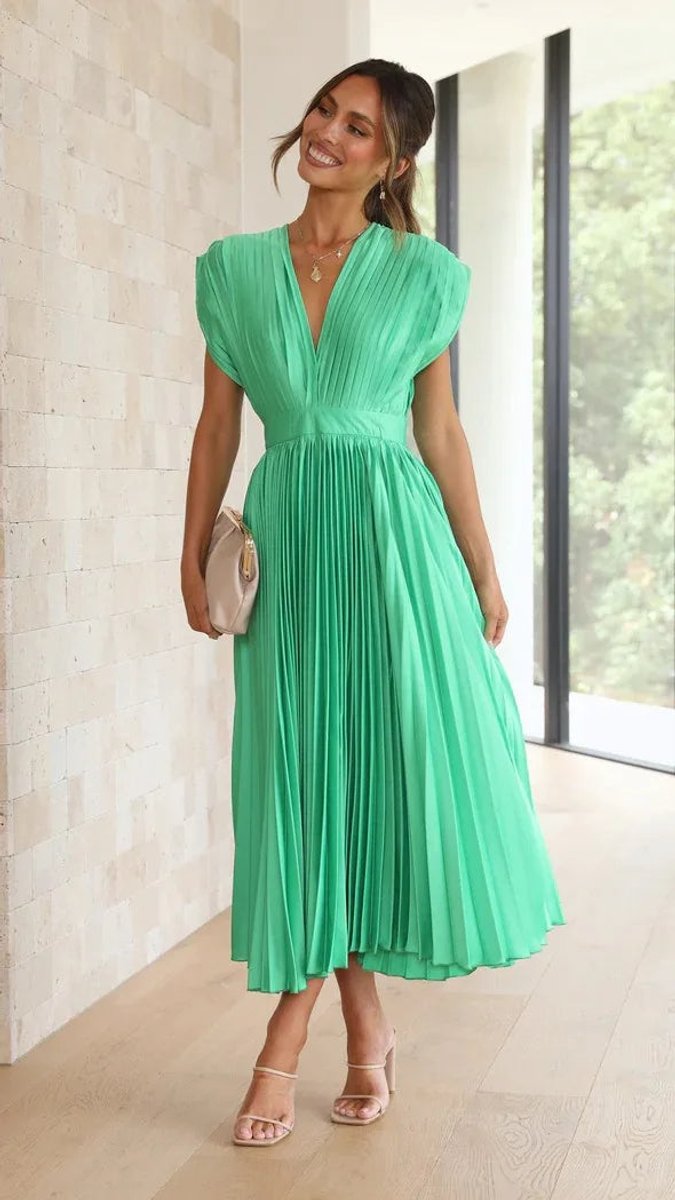 Women's Pleated Deep V-Neck Fall Midi Dress Flowy Satin