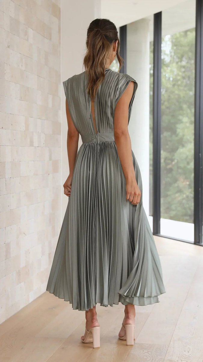 Women's Pleated Deep V-Neck Fall Midi Dress Flowy Satin