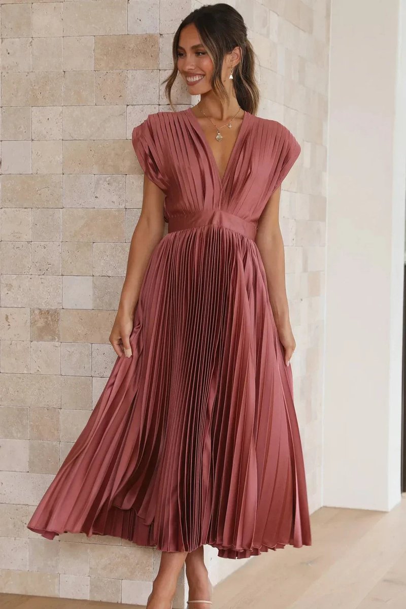 Women's Pleated Deep V-Neck Fall Midi Dress Flowy Satin