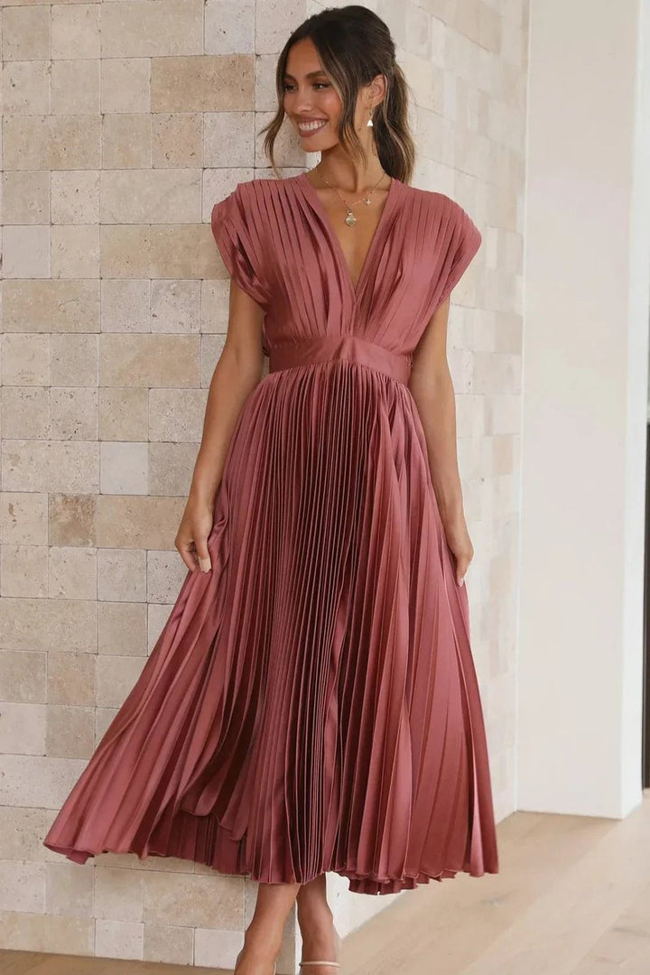 Women's Pleated Deep V-Neck Fall Midi Dress Flowy Satin