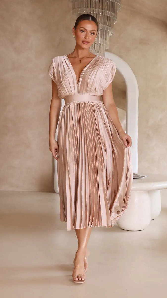Women's Pleated Deep V-Neck Fall Midi Dress Flowy Satin