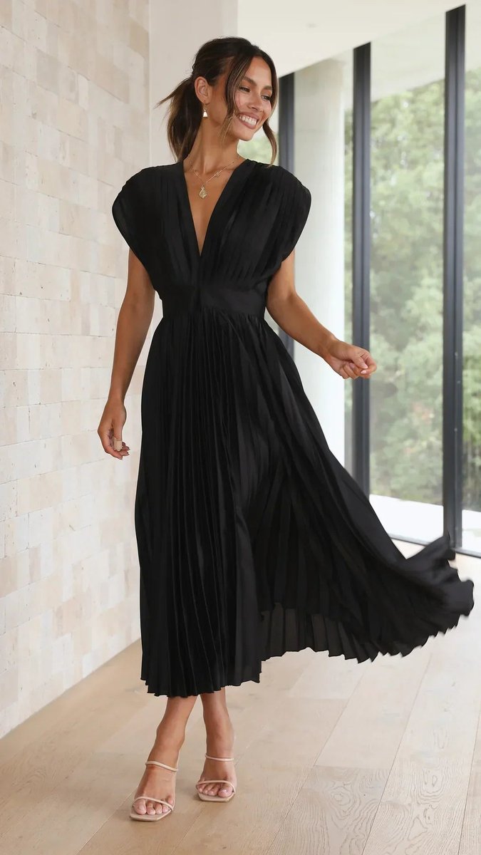 Women's Pleated Deep V-Neck Fall Midi Dress Flowy Satin