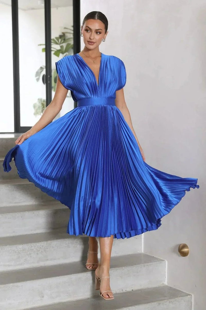 Women's Pleated Deep V-Neck Fall Midi Dress Flowy Satin