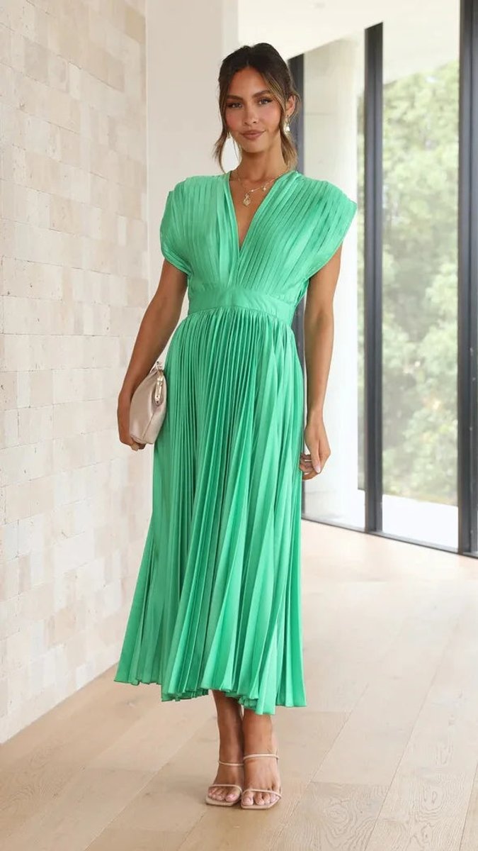 Women's Pleated Deep V-Neck Fall Midi Dress Flowy Satin