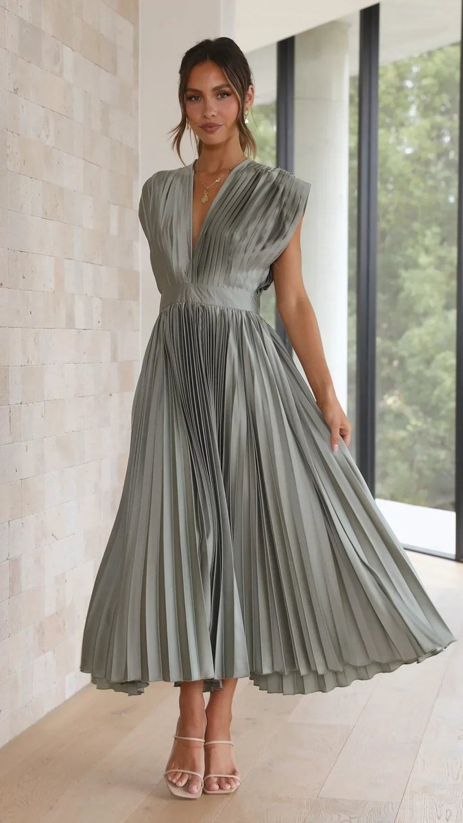 Women's Pleated Deep V-Neck Fall Midi Dress Flowy Satin