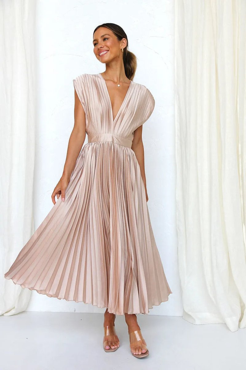 Women's Pleated Deep V-Neck Fall Midi Dress Flowy Satin