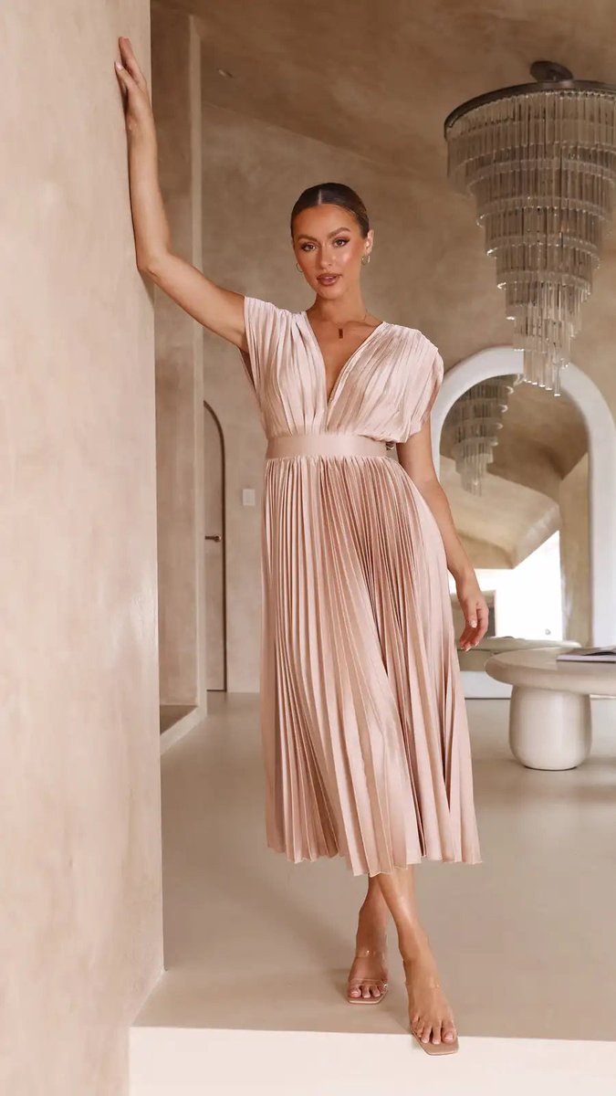 Women's Pleated Deep V-Neck Fall Midi Dress Flowy Satin