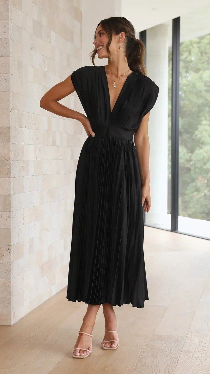 Women's Pleated Deep V-Neck Fall Midi Dress Flowy Satin