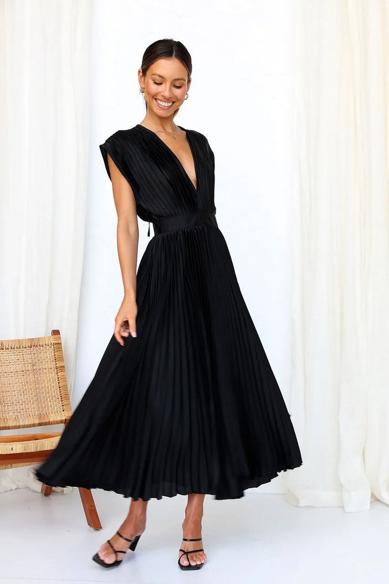 Women's Pleated Deep V-Neck Fall Midi Dress Flowy Satin