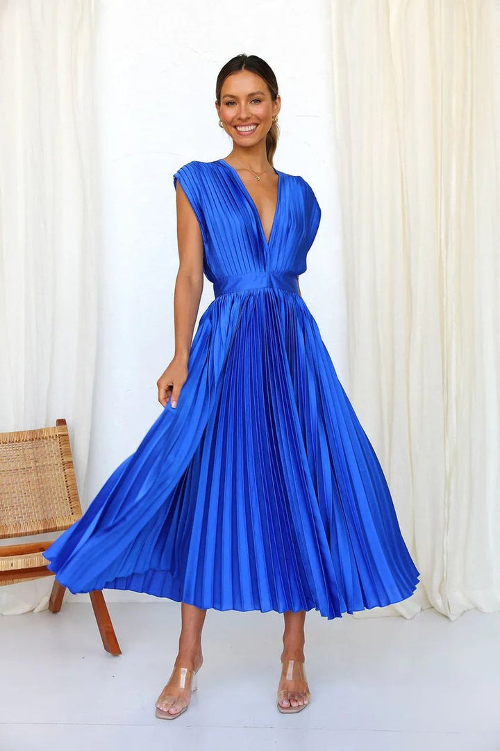 Women's Pleated Deep V-Neck Fall Midi Dress Flowy Satin