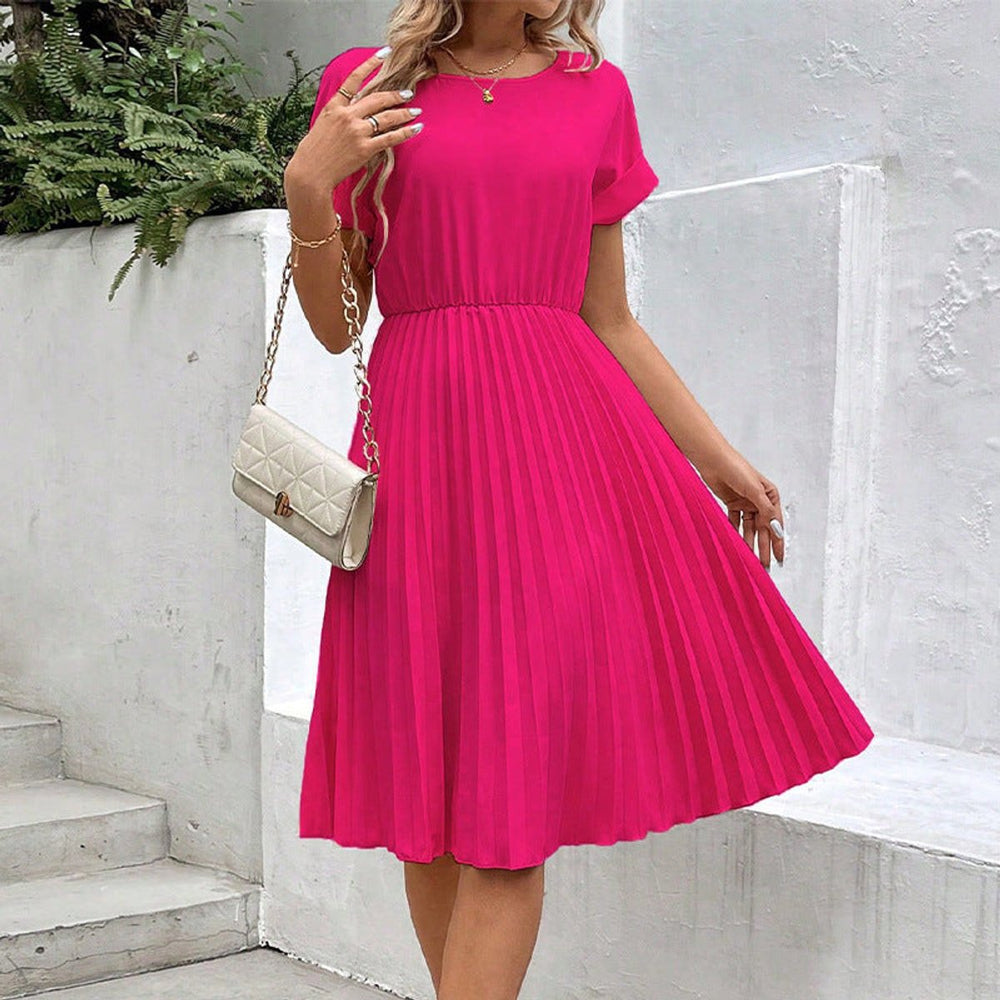 Women's Pleated Fall Midi Dress Elastic Waist Short Sleeve