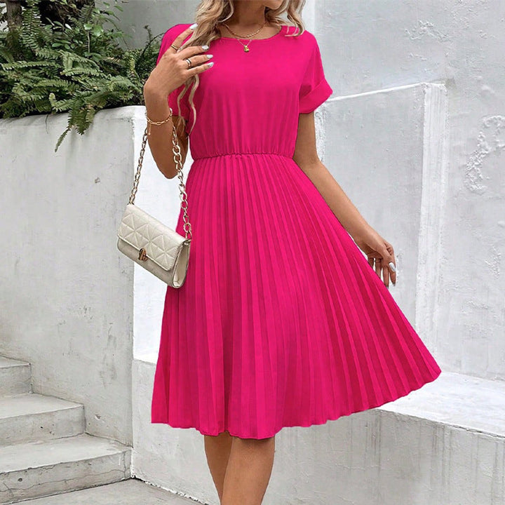 Women's Pleated Fall Midi Dress Elastic Waist Short Sleeve