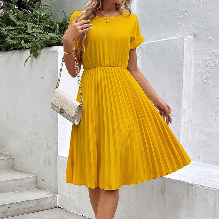 Women's Pleated Fall Midi Dress Elastic Waist Short Sleeve