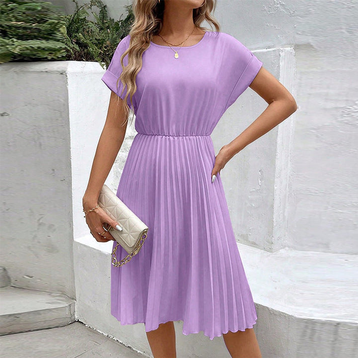 Women's Pleated Fall Midi Dress Elastic Waist Short Sleeve