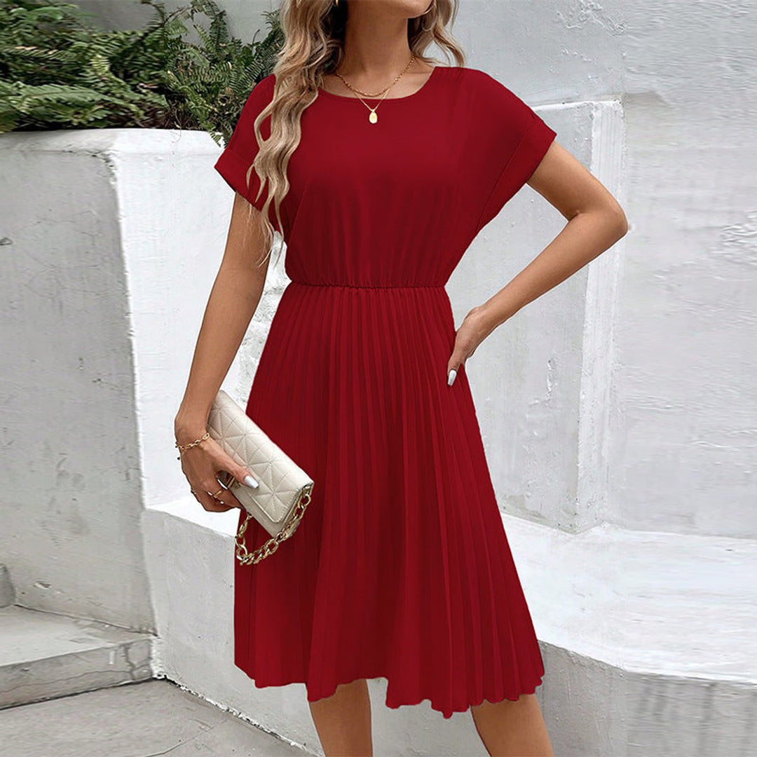 Women's Pleated Fall Midi Dress Elastic Waist Short Sleeve