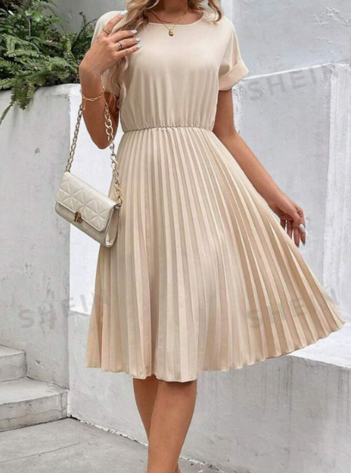 Women's Pleated Fall Midi Dress Elastic Waist Short Sleeve