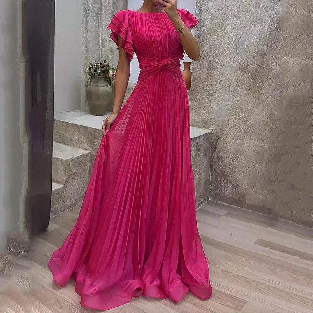 Women's Pleated Flutter-Sleeve A-Line Formal Dress