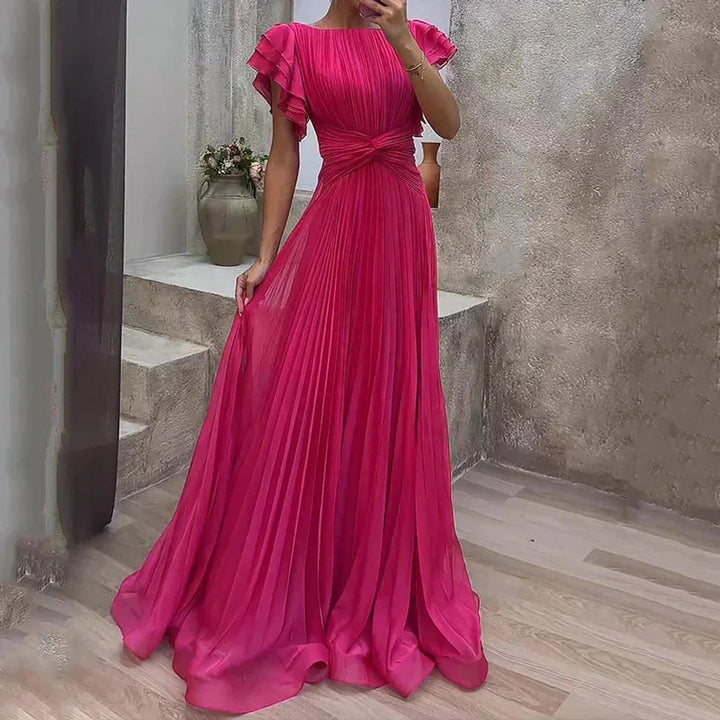 Women's Pleated Flutter-Sleeve A-Line Formal Dress