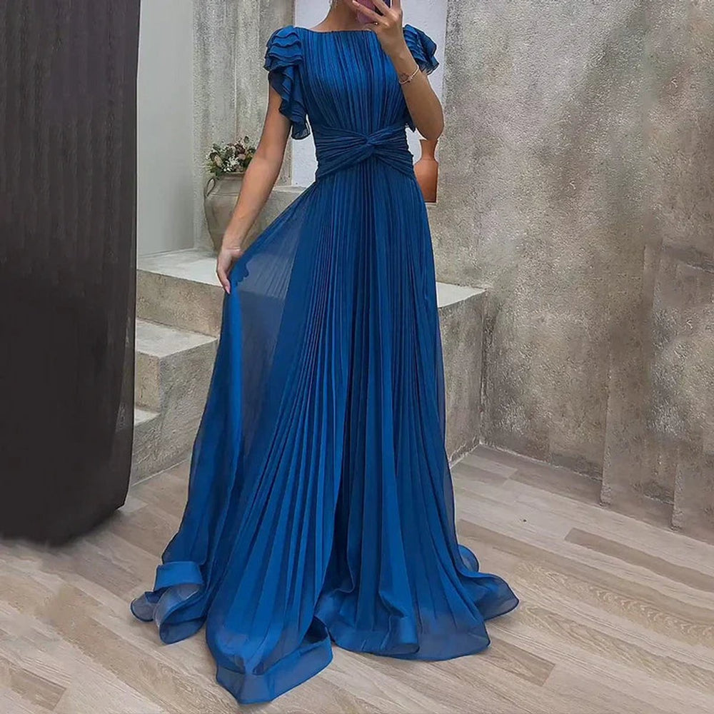 Women's Pleated Flutter-Sleeve A-Line Formal Dress
