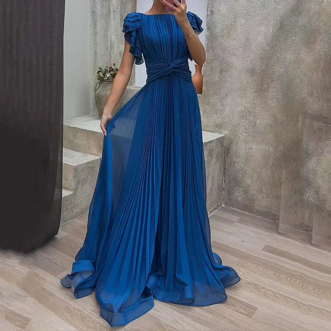 Women's Pleated Flutter-Sleeve A-Line Formal Dress