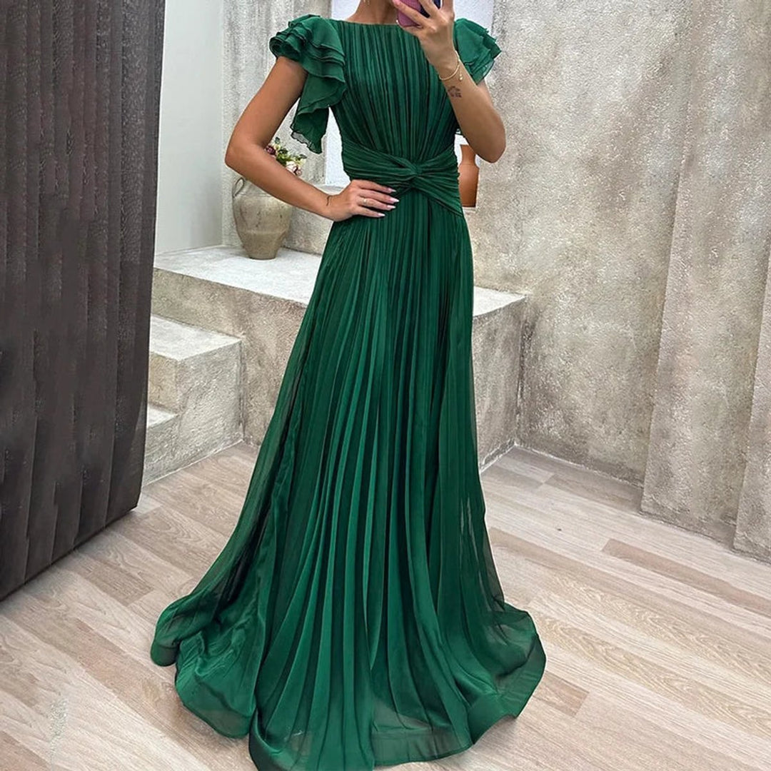 Women's Pleated Flutter-Sleeve A-Line Formal Dress