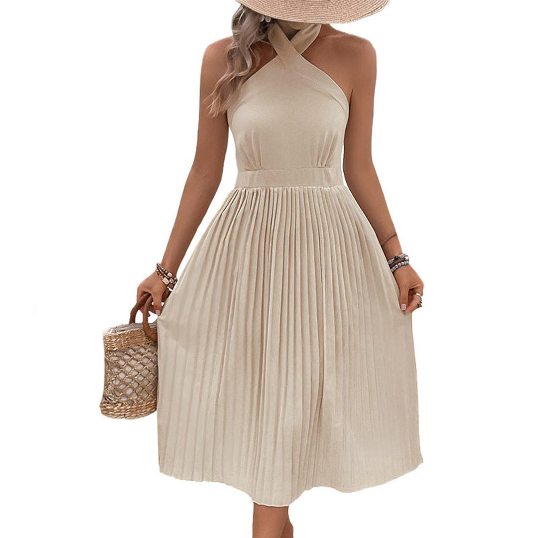 Women's Pleated Halter-Neck Fall Midi Dress High-Waist Flowy Skirt