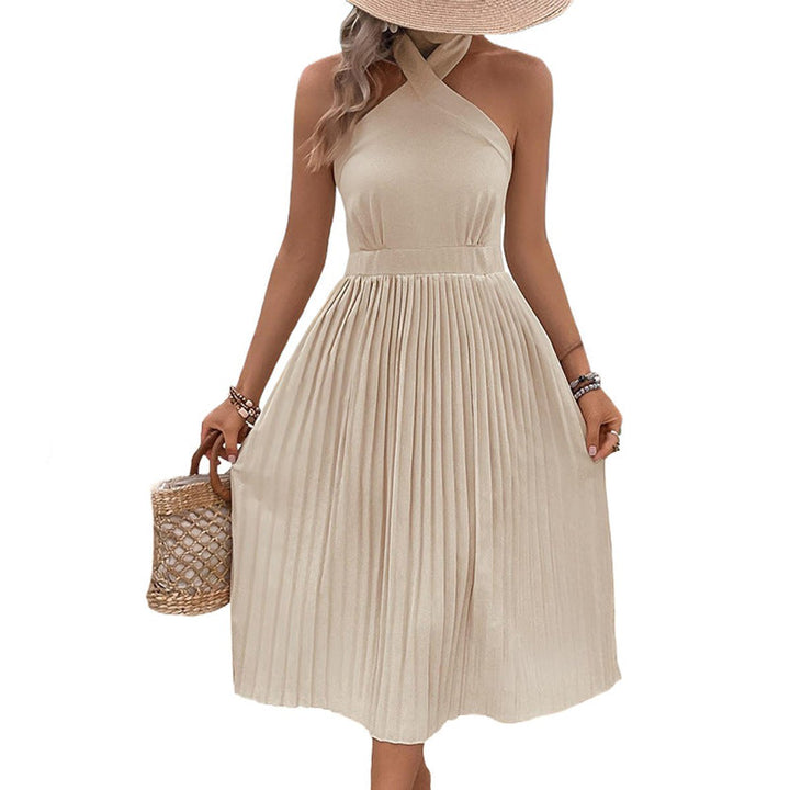 Women's Pleated Halter-Neck Fall Midi Dress High-Waist Flowy Skirt