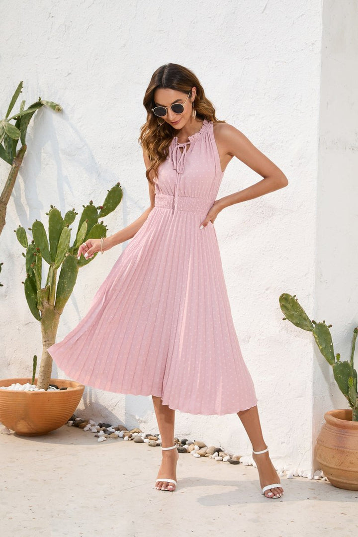 Women's Pleated Halter Neck Fall Wedding Guest Dress Midi