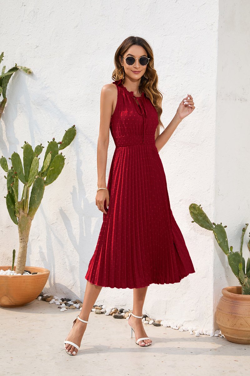 Women's Pleated Halter Neck Fall Wedding Guest Dress Midi