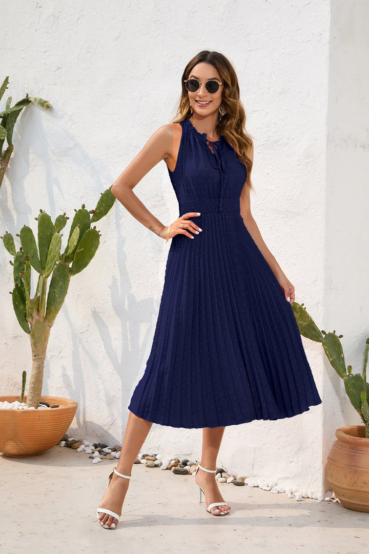 Women's Pleated Halter Neck Fall Wedding Guest Dress Midi