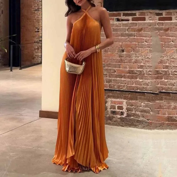 Women's Pleated Halter Neck Maxi Formal Dress Flowy Silhouette