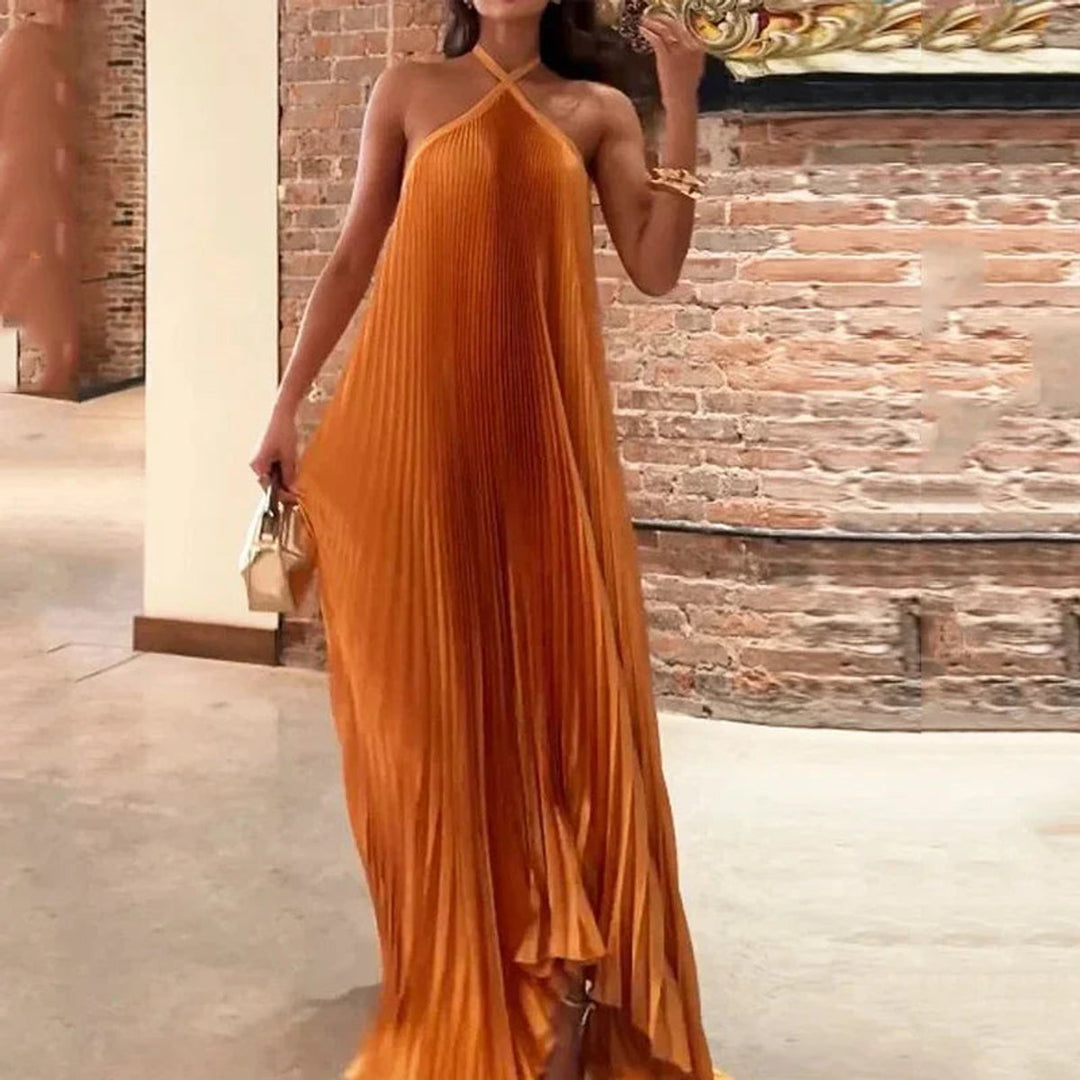 Women's Pleated Halter Neck Maxi Formal Dress Flowy Silhouette
