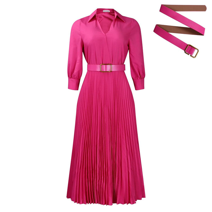 Women's Pleated Long Sleeve Belted Fall Midi Dress