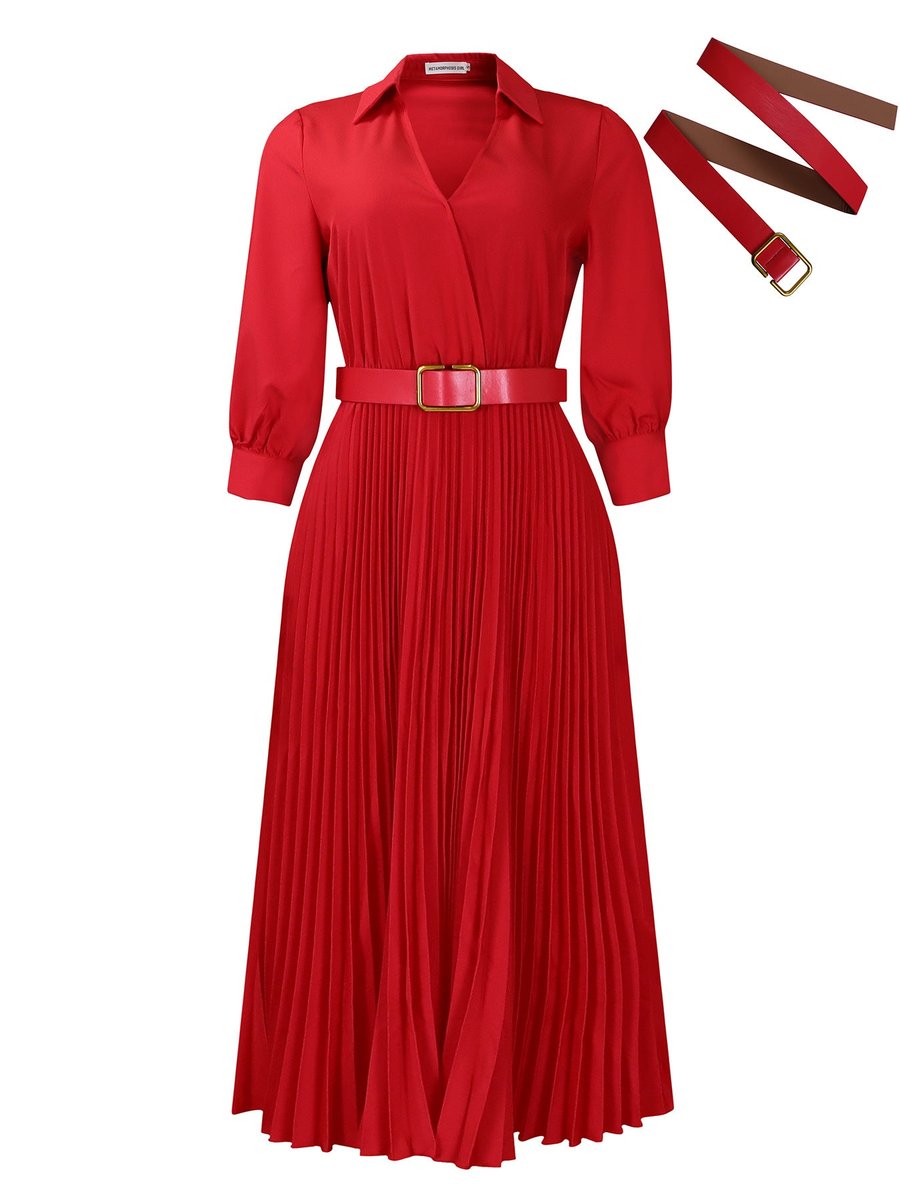 Women's Pleated Long Sleeve Belted Fall Midi Dress