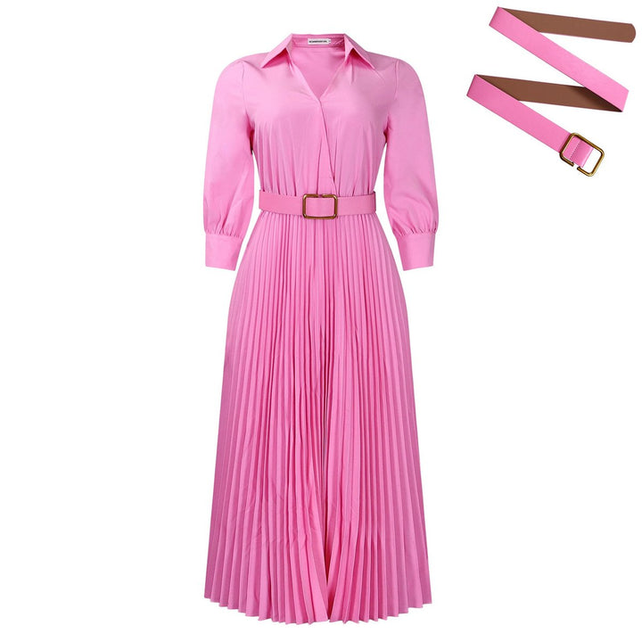 Women's Pleated Long Sleeve Belted Fall Midi Dress
