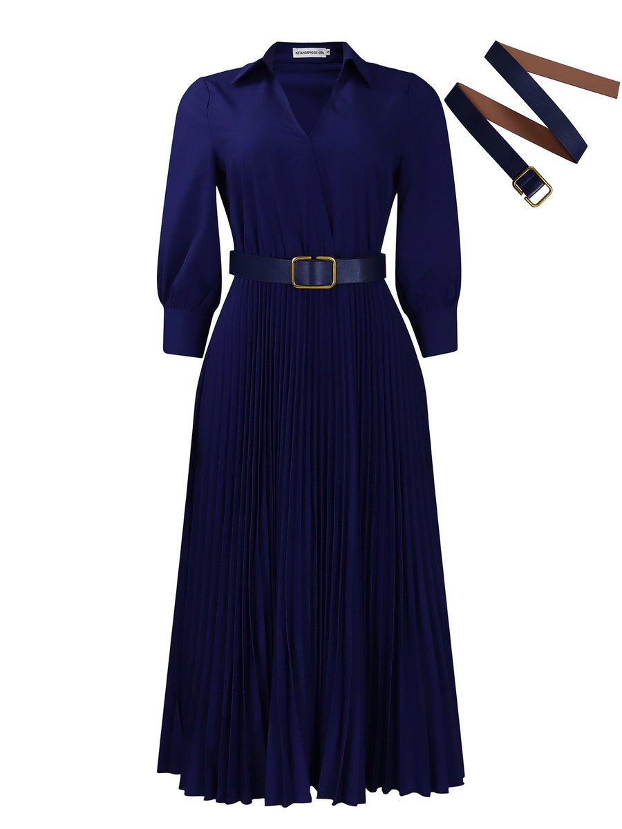 Women's Pleated Long Sleeve Belted Fall Midi Dress