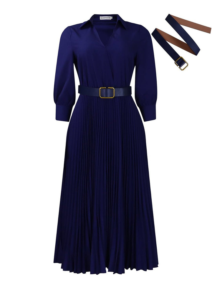 Women's Pleated Long Sleeve Belted Fall Midi Dress