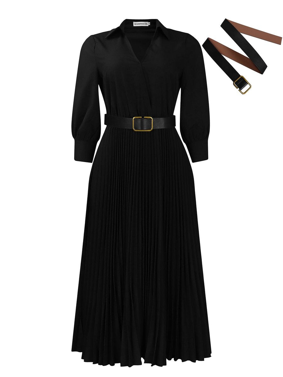 Women's Pleated Long Sleeve Belted Fall Midi Dress