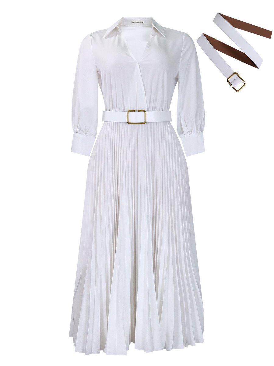 Women's Pleated Long Sleeve Belted Fall Midi Dress