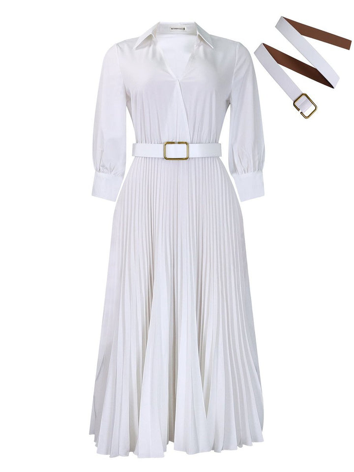 Women's Pleated Long Sleeve Belted Fall Midi Dress
