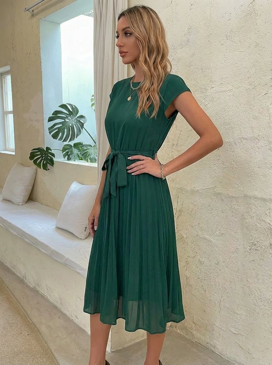 Women's Pleated Midi Belted Cap-Sleeve Formal Dress
