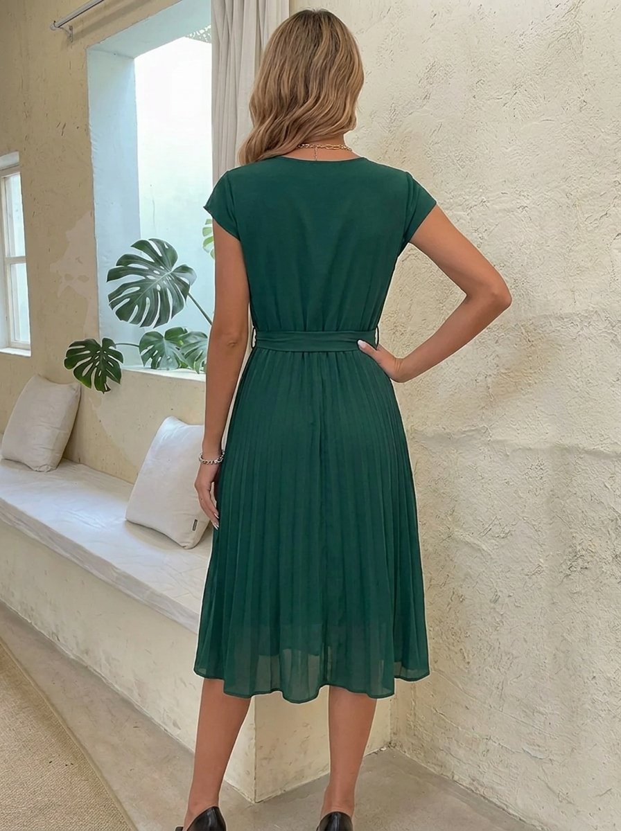 Women's Pleated Midi Belted Cap-Sleeve Formal Dress