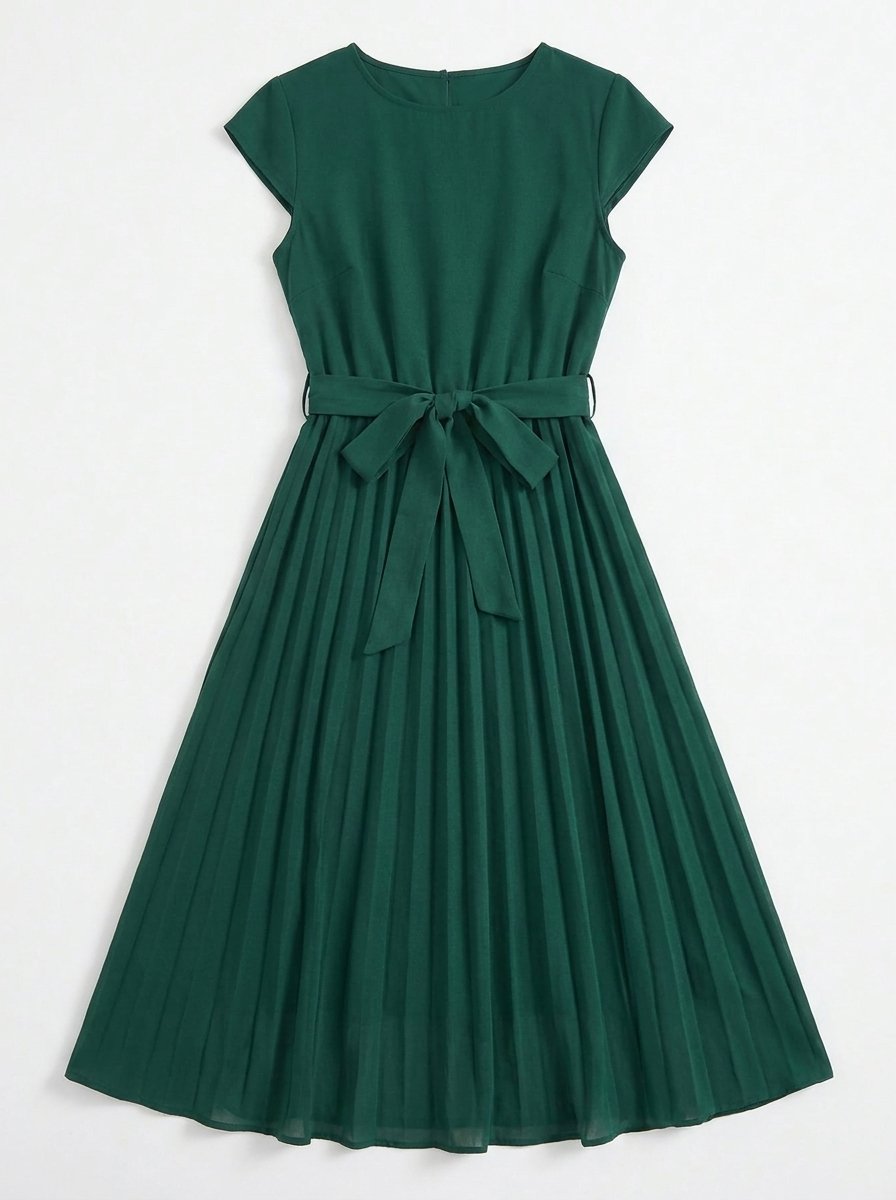 Women's Pleated Midi Belted Cap-Sleeve Formal Dress