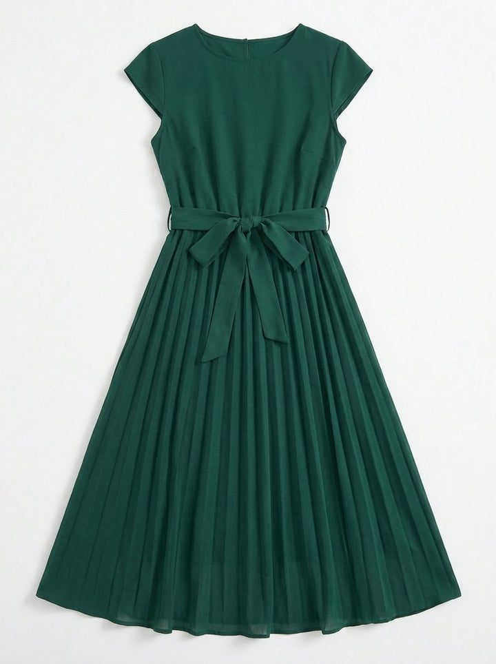 Women's Pleated Midi Belted Cap-Sleeve Formal Dress