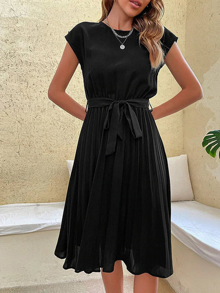 Women's Pleated Midi Fall Wedding Guest Dress Belted Cap-Sleeve