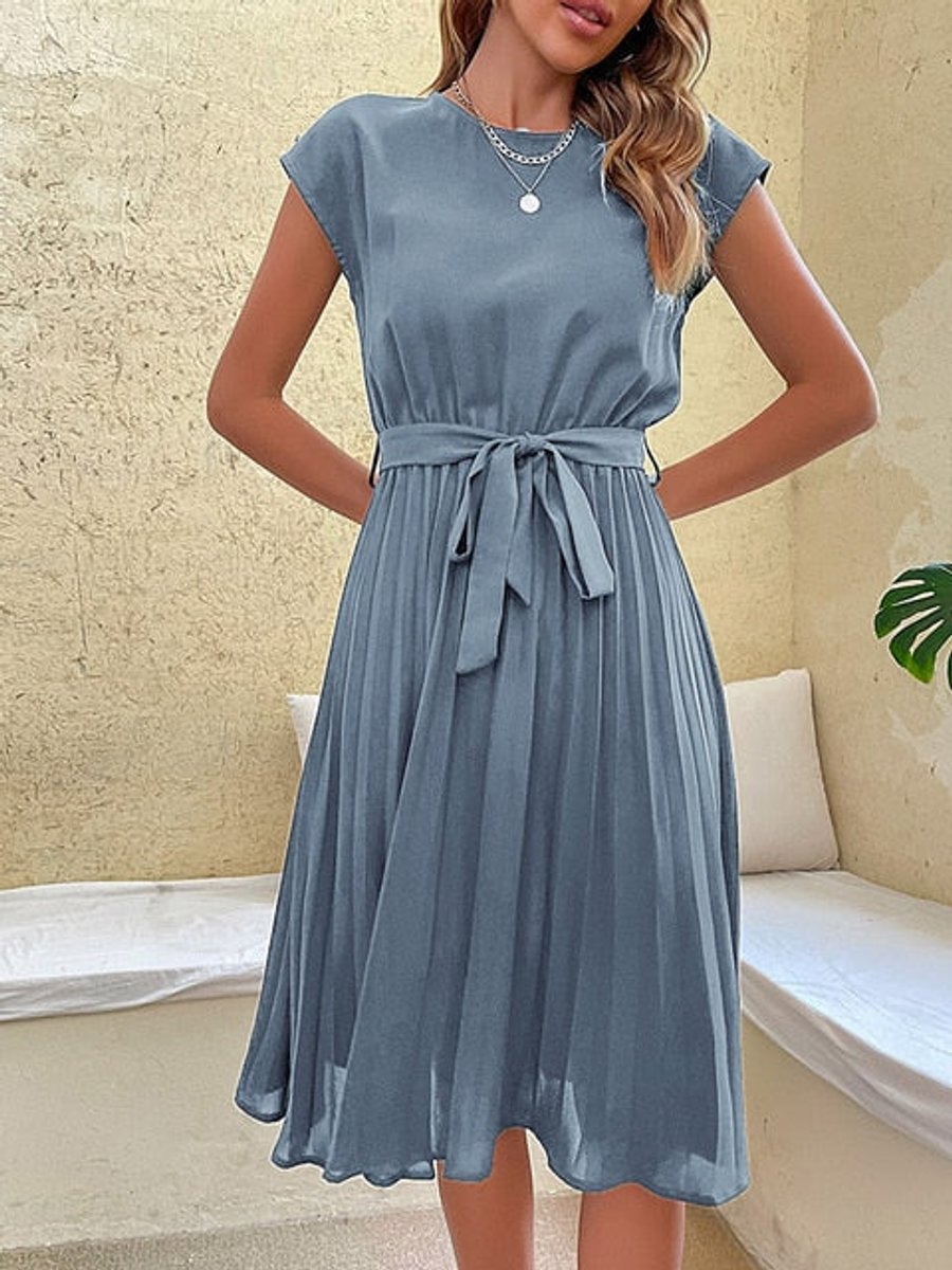 Women's Pleated Midi Fall Wedding Guest Dress Belted Cap-Sleeve
