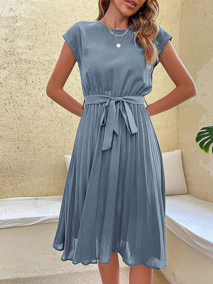 Women's Pleated Midi Fall Wedding Guest Dress Belted Cap-Sleeve
