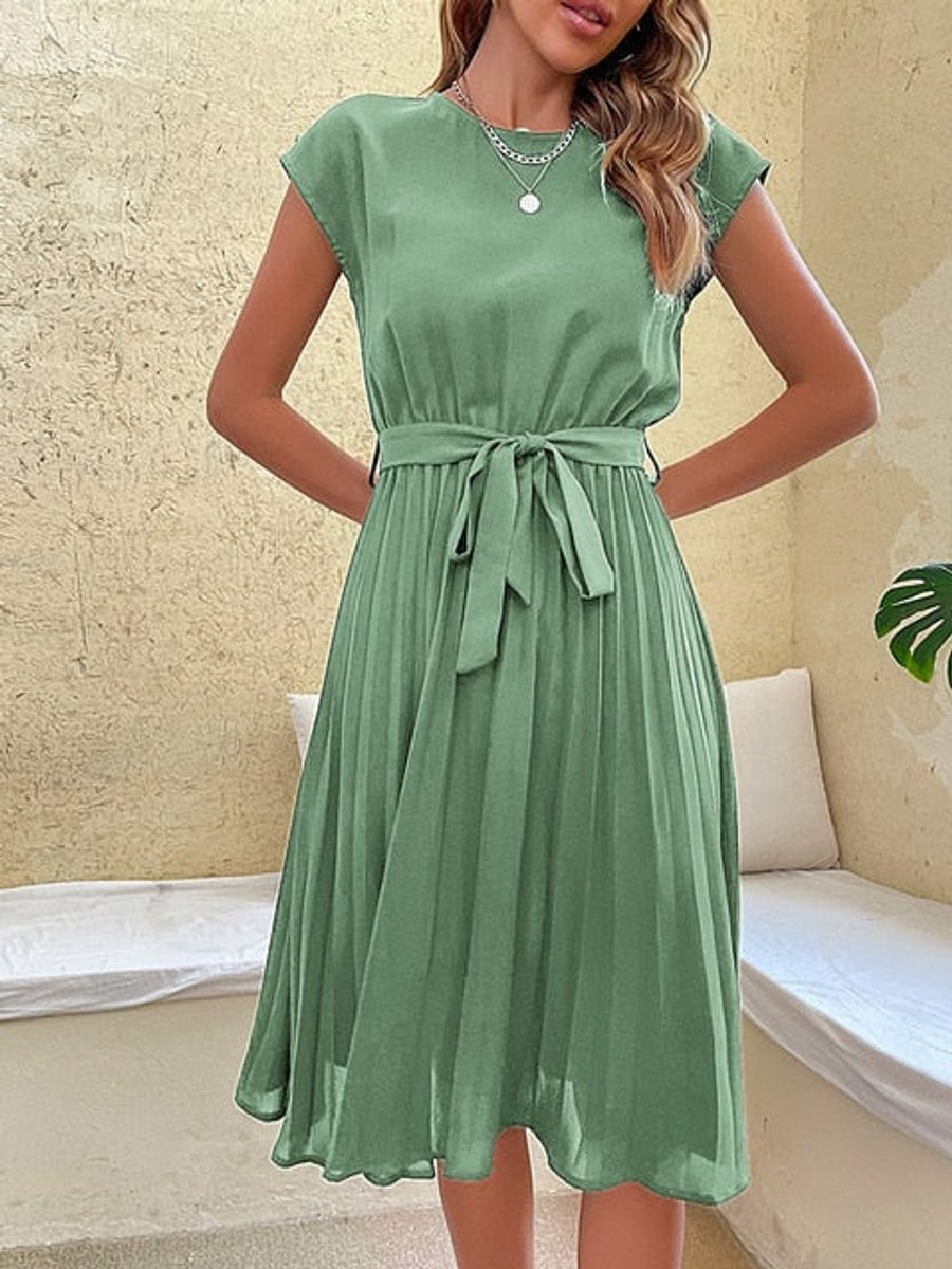 Women's Pleated Midi Fall Wedding Guest Dress Belted Cap-Sleeve