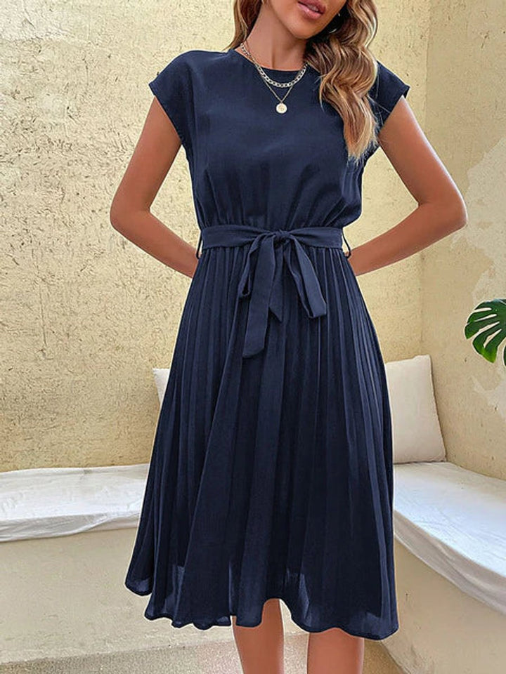 Women's Pleated Midi Fall Wedding Guest Dress Belted Cap-Sleeve